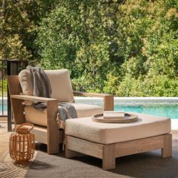Sophia Coastal Beach Off White Boucle Brown Teak Rectangular Outdoor Ottoman|