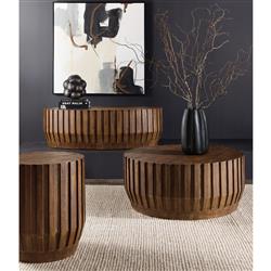 Lillian Modern Classic Brown Mango Wood Ribbed Round Coffee Table|