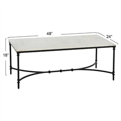 Rhea French Country White Marble Black Metal Rectangular Coffee Table|
