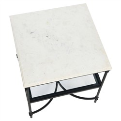 Rhea French Country White Marble Black Metal Square End Table|