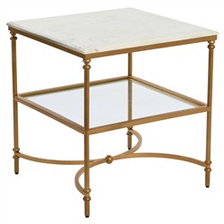 Rhea French Country White Marble Gold Metal Square End Table|