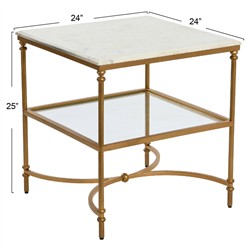 Rhea French Country White Marble Gold Metal Square End Table|
