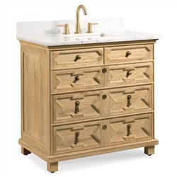 17th Century Updated Traditional White Marble Limewash Oak Wood Vanity Sink - 36"|