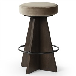 Donovan Mid Century Taupe Velvet Oak Wood Swivel Counter Stool|