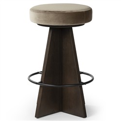 Donovan Mid Century Taupe Velvet Oak Wood Swivel Counter Stool|