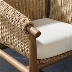 Sophie Coastal Beach White Upholstered Brown Teak Woven Outdoor Dining Arm Chair|
