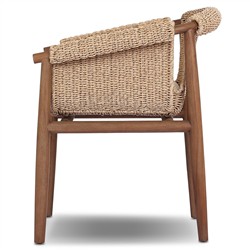 Sophie Coastal Beach White Upholstered Brown Teak Woven Outdoor Dining Arm Chair|