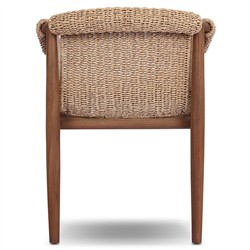 Sophie Coastal Beach White Upholstered Brown Teak Woven Outdoor Dining Arm Chair|