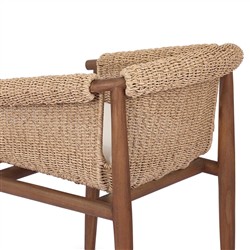 Sophie Coastal Beach White Upholstered Brown Teak Woven Outdoor Dining Arm Chair|