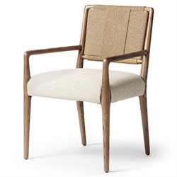 Ronan Coastal Beige Performance Woven Rush Brown Oak Wood Dining Arm Chair|