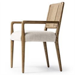 Ronan Coastal Beige Performance Woven Rush Brown Oak Wood Dining Arm Chair|
