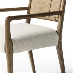 Ronan Coastal Beige Performance Woven Rush Brown Oak Wood Dining Arm Chair|