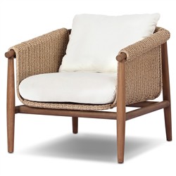 Sophie Coastal Beach White Upholstered Brown Teak Woven Outdoor Lounge Chair|