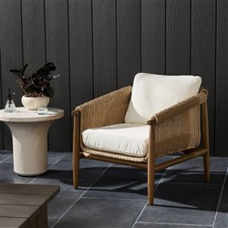 Sophie Coastal Beach White Upholstered Brown Teak Woven Outdoor Lounge Chair|