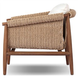Sophie Coastal Beach White Upholstered Brown Teak Woven Outdoor Lounge Chair|