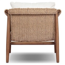 Sophie Coastal Beach White Upholstered Brown Teak Woven Outdoor Lounge Chair|