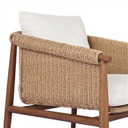 Sophie Coastal Beach White Upholstered Brown Teak Woven Outdoor Lounge Chair|