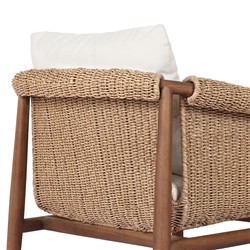 Sophie Coastal Beach White Upholstered Brown Teak Woven Outdoor Lounge Chair|