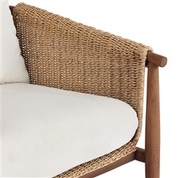Sophie Coastal Beach White Upholstered Brown Teak Woven Outdoor Lounge Chair|