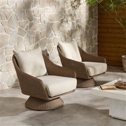 Marciana Coastal Beach Beige Upholstered Brown Woven Wicker Outdoor Swivel Chair|