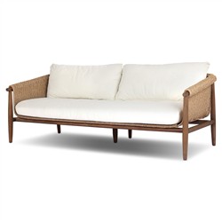 Sophie Coastal Beach White Upholstered Brown Teak Woven Outdoor Sofa - 76"|