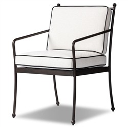 Gretchen French Country White Upholstered Black Welt Aluminum Outdoor Dining Arm Chair|