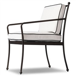 Gretchen French Country White Upholstered Black Welt Aluminum Outdoor Dining Arm Chair|