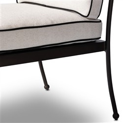 Gretchen French Country White Upholstered Black Welt Aluminum Outdoor Dining Arm Chair|