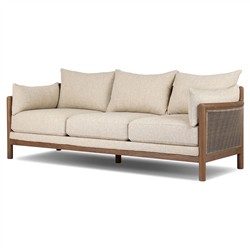 Louis Coastal Beach Beige Upholstered Brown Teak Cane Outdoor Sofa - 86"|