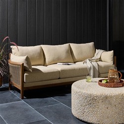 Louis Coastal Beach Beige Upholstered Brown Teak Cane Outdoor Sofa - 86"|