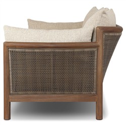 Louis Coastal Beach Beige Upholstered Brown Teak Cane Outdoor Sofa - 86"|