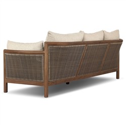 Louis Coastal Beach Beige Upholstered Brown Teak Cane Outdoor Sofa - 86"|