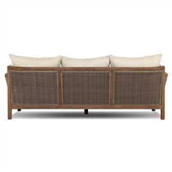 Louis Coastal Beach Beige Upholstered Brown Teak Cane Outdoor Sofa - 86"|