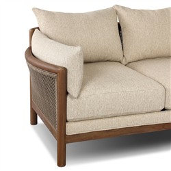 Louis Coastal Beach Beige Upholstered Brown Teak Cane Outdoor Sofa - 86"|