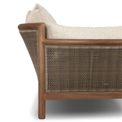 Louis Coastal Beach Beige Upholstered Brown Teak Cane Outdoor Sofa - 86"|