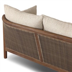 Louis Coastal Beach Beige Upholstered Brown Teak Cane Outdoor Sofa - 86"|