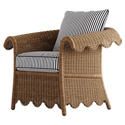 Cielo Coastal Navy Stripe Sunbrella Brown Woven Wicker Scalloped Outdoor Lounge Chair|