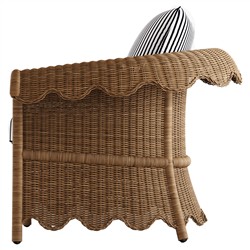 Cielo Coastal Navy Stripe Sunbrella Brown Woven Wicker Scalloped Outdoor Lounge Chair|