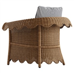 Cielo Coastal Navy Stripe Sunbrella Brown Woven Wicker Scalloped Outdoor Lounge Chair|