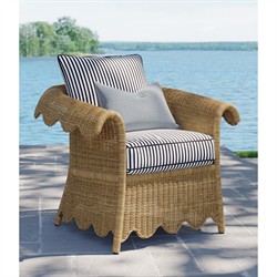 Cielo Coastal Navy Stripe Sunbrella Brown Woven Wicker Scalloped Outdoor Lounge Chair|