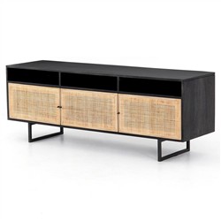 Emilie Mid Century Black Mango Wood Woven Cane Iron Base Media Console - 65"W Overstock|