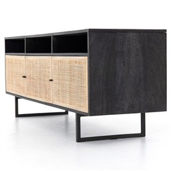 Emilie Mid Century Black Mango Wood Woven Cane Iron Base Media Console - 65"W Overstock|