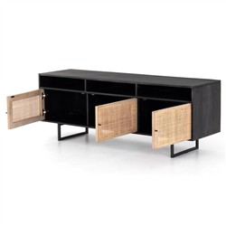 Emilie Mid Century Black Mango Wood Woven Cane Iron Base Media Console - 65"W Overstock|