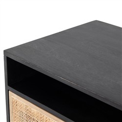 Emilie Mid Century Black Mango Wood Woven Cane Iron Base Media Console - 65"W Overstock|