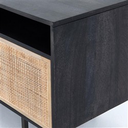 Emilie Mid Century Black Mango Wood Woven Cane Iron Base Media Console - 65"W Overstock|