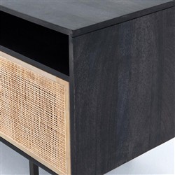 Emilie Mid Century Black Mango Wood Woven Cane Iron Base Media Console - 65"W Overstock|