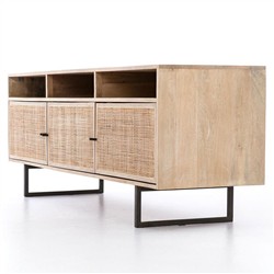 Emilie Mid Century Light Brown Mango Wood Woven Cane Iron Base Media Console - 65"W Overstock|