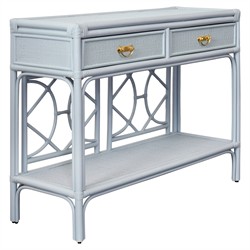 Worlds Away Gideon Coastal Beach Light Blue Rattan Console Table|