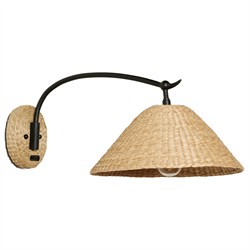 Camilla Coastal Seagrass Shade Black Iron Swing Arm Sconce|