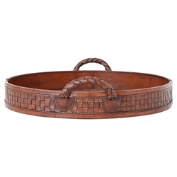 Jordyn Traditional Brown Woven Leather Round Decorative Tray|
